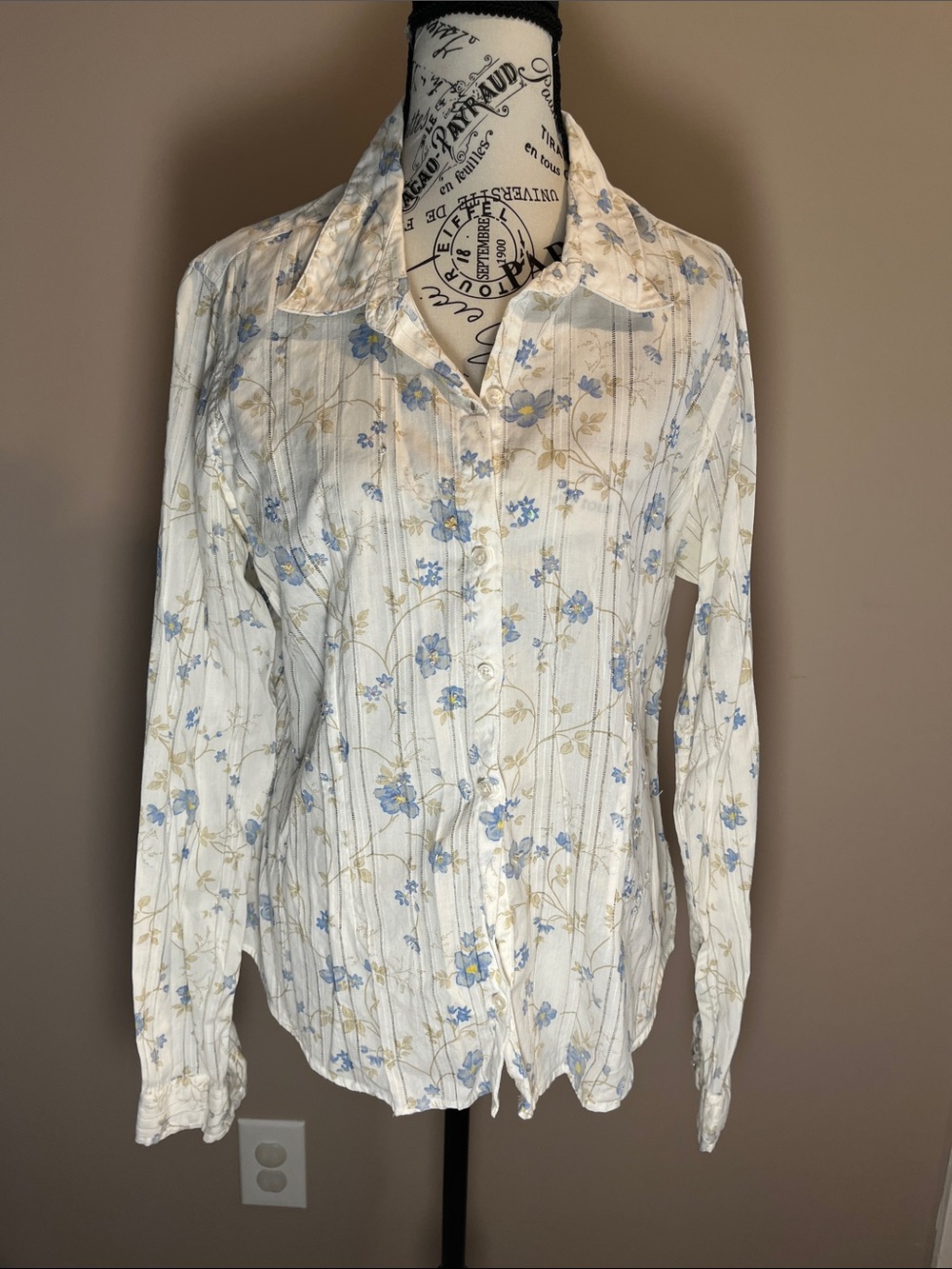 Vintage-Inspired Ivory Floral Button-Up Blouse - Blue Floral